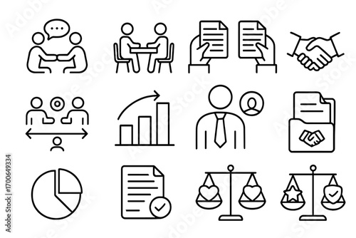 Business Mediation Icons. Line style icons of business mediation: deal negotiation icon, partners at table, contract comparison,