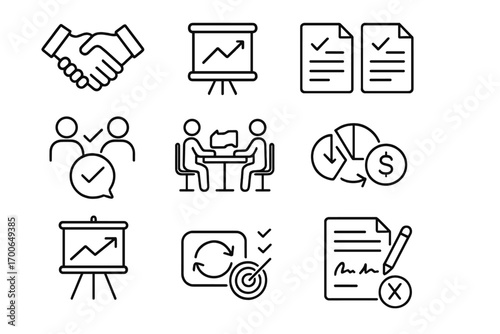 Business Resolution Icons. Line style icons of business resolutions: partnership handshake, agreement chart, contract comparison,