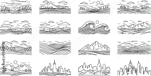 Collection of stylized landscape cityscape and mountain silhouettes in black and white vector