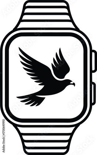 Monochrome Illustration of a Smartwatch Featuring an Eagle Silhouette Displayed Centrally, Supported by a Striped Band, Conveying Technology and Nature