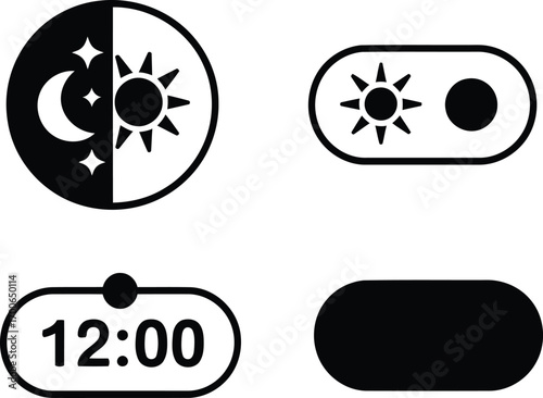 An Assortment of User Interface Icons Showing Dark and Light Modes, a Toggle, and a Twelve O Clock Setting Displayed Digitally