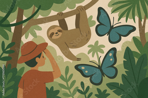 Tropical rainforest with person observing sloth and giant butterflies