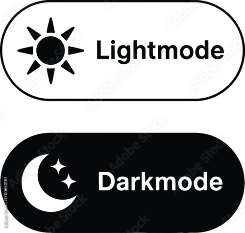 Light Mode and Dark Mode Toggle Buttons Featuring a Sun and a Moon Representing Day and Night Theme Switching Interfaces