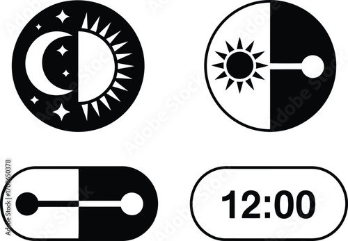 Four Unique Graphic Timeless Icons Symbolizing Time Day Night Transition Representing Duality and Temporal Concepts Revealing Clock 1200 Representing Noon