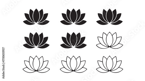 A set of nine minimalist lotus flower designs arranged in a 3x3 grid. 