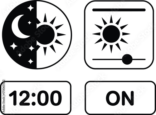 User Interface Icons Displaying Time Mode Brightness Settings and Activation Representing Functionality Convenience and Control for Technological Integration and Simplified Interaction