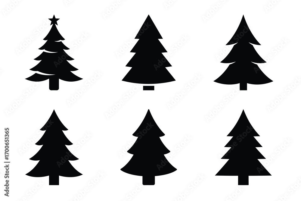 Obraz premium Christmas tree vector icon set, black color and white background