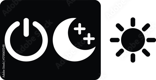 Simple Iconography Representing Power, Night Mode, and Sun Brightness for UI Design Depicting Functionality and Controls in a Minimalist Style