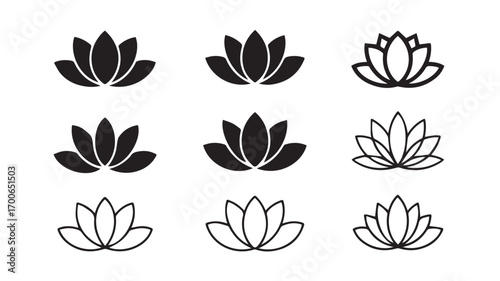 A set of nine minimalist lotus flower designs arranged in a 3x3 grid.