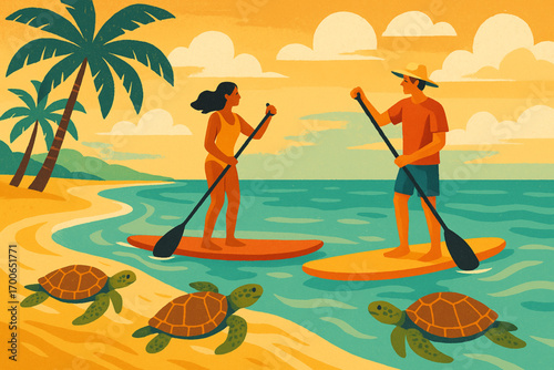 Tropical beach with two people paddleboarding among sea turtles