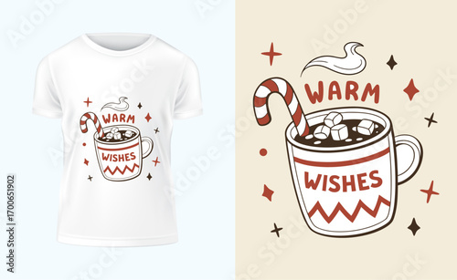 Festive Holiday T Shirt Design Featuring a Mug of Warm Cocoa and Candy Cane Illustration