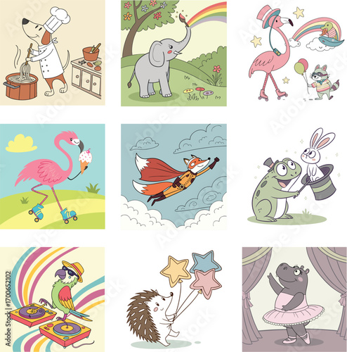 A collection of nine cartoon animal illustrations featuring a dog chef a painting elephant a rollerblading flamingo a superhero fox a magic frog a D J parrot a