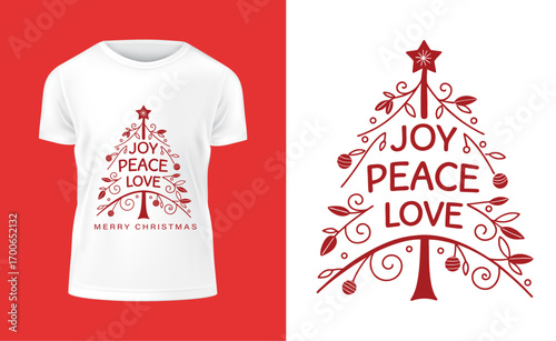 Festive Christmas T Shirt Design Featuring a Stylized Tree with Joy Peace and Love Message in Red