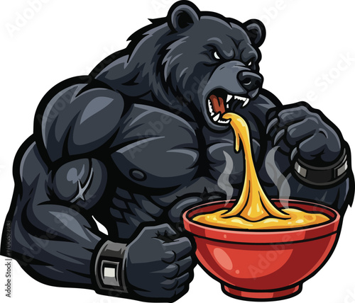 A powerful, muscular bear mascot devours a huge bowl of ice cream, showcasing a fun mix of strength and indulgence.