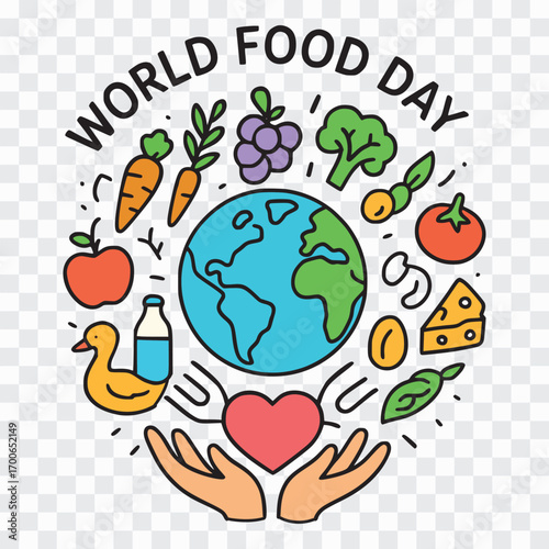 World Food Day Global Food Security and Nutrition, World Food Day Illustration – Global Nutrition and Healthy Eating, World Food Day Vector Art – Fresh Fruits, Vegetables, and Global Care