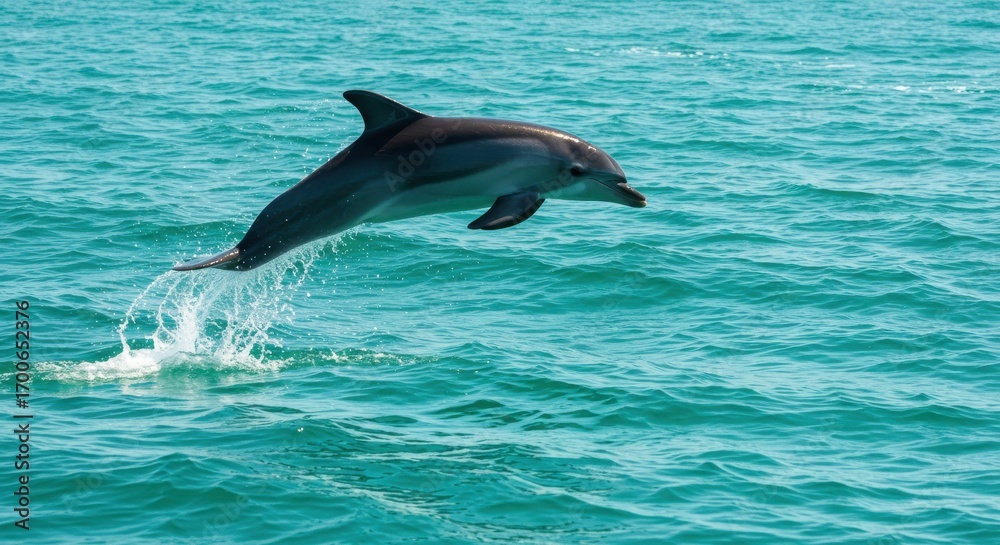 Naklejka premium A graceful dolphin leaps from the turquoise water, showcasing its agility and beauty against a vibrant backdrop.
