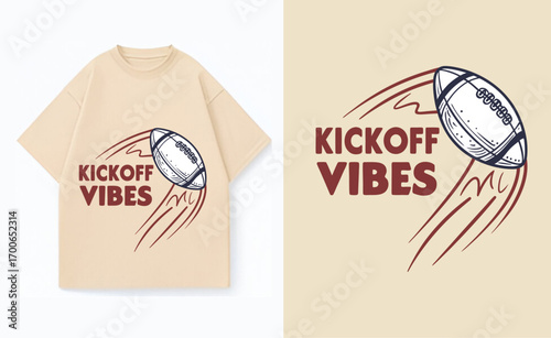 Stylish T Shirt Design Featuring a Football and the Text Kickoff Vibes for Sports Enthusiasts