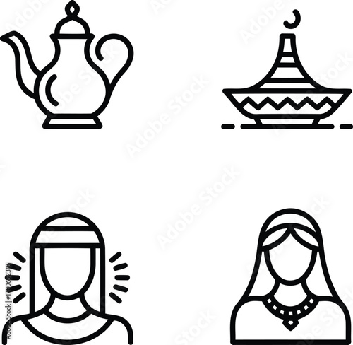 Cultural Icons of Arabian Heritage A Set of Decorative Symbols Featuring Traditional Tea Pot Food Container and Garbed Women