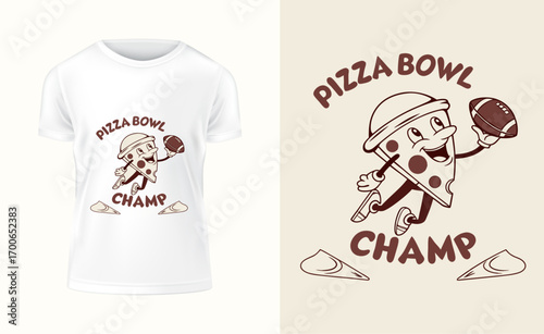 Pizza Bowl Champ T Shirt Design Featuring a Cartoon Pizza Slice Holding a Football t shirt