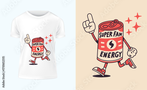 Cartoon Energy Drink Mascot T Shirt Design Retro Style Character with Positive Attitude and Sparkles on a White Tee