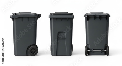 Three Dark Gray Wheeled Garbage Bins Presented in a Row on a White Background