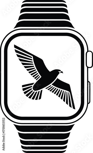 Striking Graphic Illustration of a Smartwatch Displaying a Bold Eagle Silhouette Design Enhancing Modern Wearable Technology Aesthetics Unveiling Stylish Digital Art