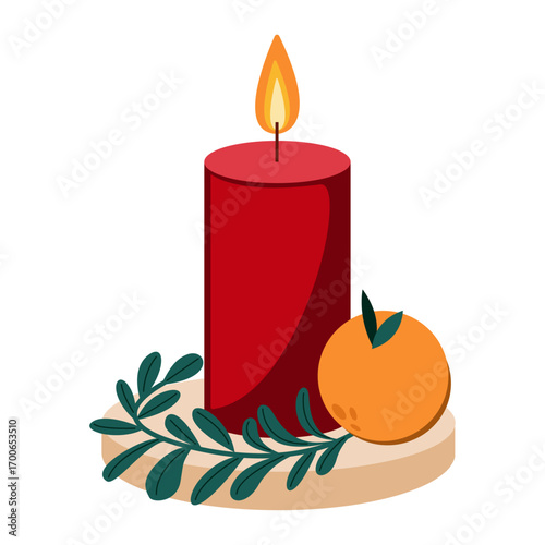 Red candle on wooden base with mandarin and green branch, holiday decor illustration, cozy Christmas winter glow, rustic seasonal ornament vector design 