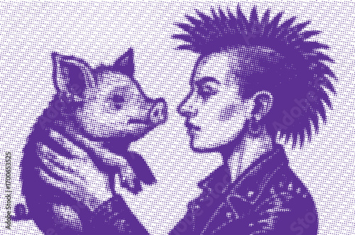 Punk rock woman with a spiky mohawk holds her pet piglet in this edgy purple halftone dot art illustration. A unique and rebellious friendship.