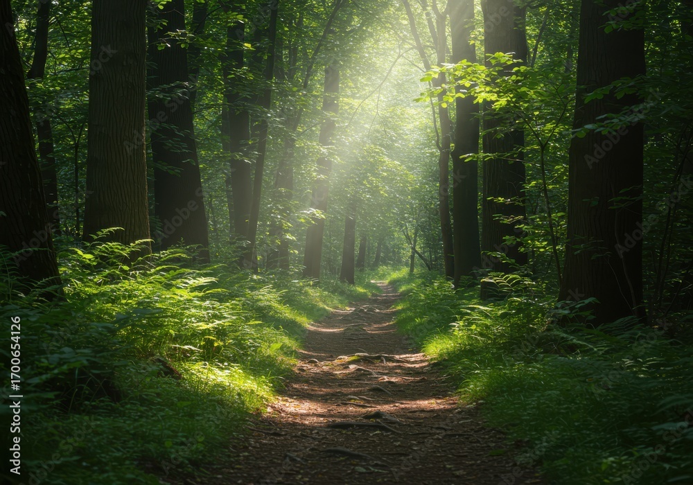 Fototapeta premium A sunlit forest path winds through lush greenery, bathed in soft morning light.