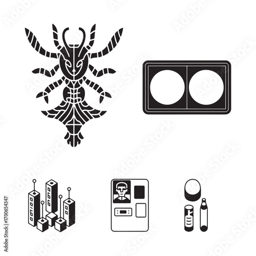 Science fiction graphic elements set with abstract insect and technology icons silhouette vector design