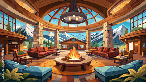 Breathtaking 360-degree panorama of a mountain lodge hotel lobby, showcasing stone fireplaces, deep brown leather sofas, wooden beams, and soft rugs, evoking warmth, nature, and rustic elegance.