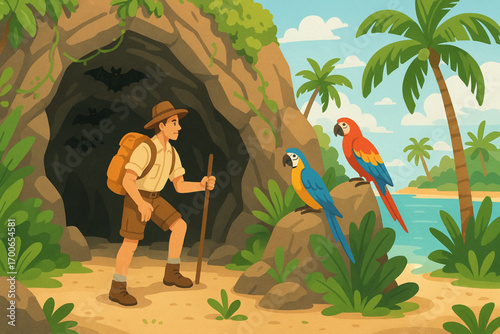 Tropical island with tourist exploring caves with bats and colorful parrots