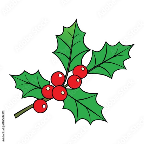 A festive holly branch adorned with glossy green leaves and bright red berries, perfect for holiday décor, adding a touch of seasonal charm and natural beauty.

