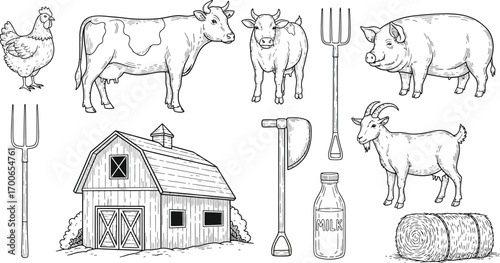 Rustic farm life stamp set barn animals tools and hay bale black and white drawing vector