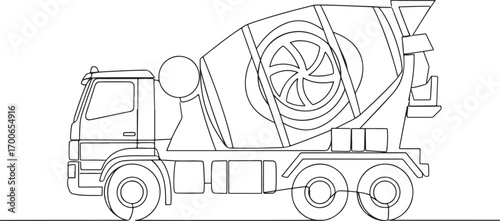 Black and white continuous line art illustration of a cement mixer truck Side profile view of heavy construction machinery with a large rotating drum