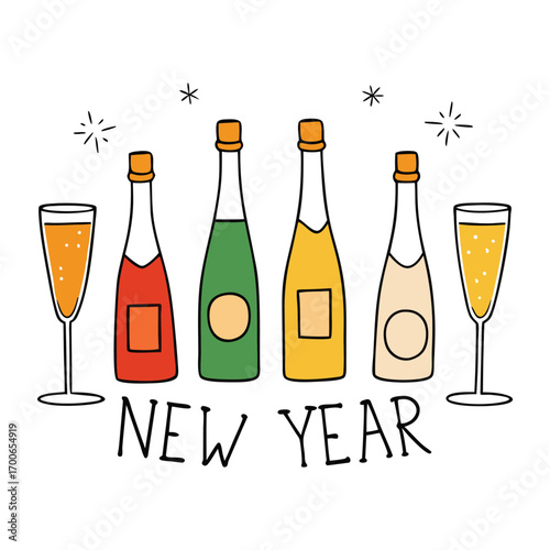 Golden champagne bubbles rise in elegant glasses, a bottle nearby ready to pour, capturing the sparkle, joy, and celebration of New Year’s Eve in timeless style.
