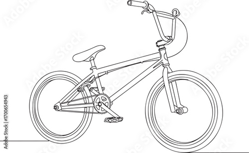 A minimalist continuous single line drawing of a freestyle BMX bicycle shown in a side profile view