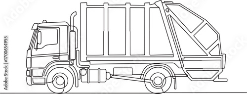 Black and white continuous line art illustration of a garbage truck in side profile A simple contour drawing of a refuse collection vehicle
