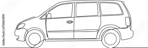 Black and white continuous line drawing of a family minivan car in a simple side profile view