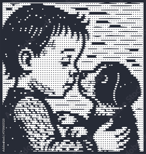 Heart warming bitmap art of a curious puppy sniffing a toddler's cheek. A tender black and white illustration celebrating innocence and friendship.
