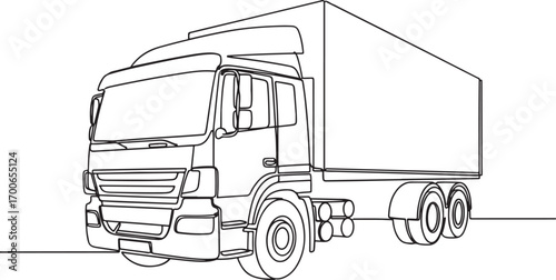 Continuous oneline drawing of a large semitrailer box truck in a threequarter view