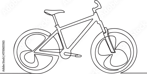 Continuous oneline drawing of a modern mountain bike with stylized wheels