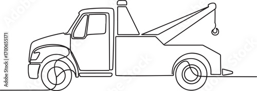 Continuous oneline drawing of a tow truck with a recovery boom and hook minimalist vehicle illustration