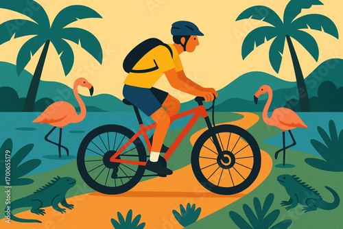 Tropical adventure with person mountain biking among flamingos and iguanas