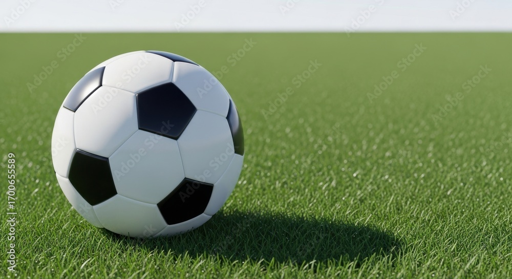 Fototapeta premium Realistic Soccer Ball Resting on Vibrant Green Grass Field Under Bright Sunny Day