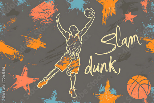 Hand-drawn vector seamless pattern with sports elements, basketball ball and player in the air, stars, and graffiti doodles. Gray background
