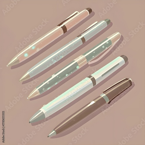 Pastel Ballpoint Pen Set Illustration – Minimal Office Stationery Art