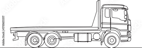 Simple black and white continuous line art of a heavyduty flatbed truck shown in a side profile view