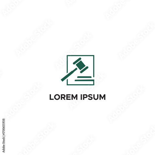 Minimalist logo design featuring a gavel striking a surface, enclosed in a square frame.