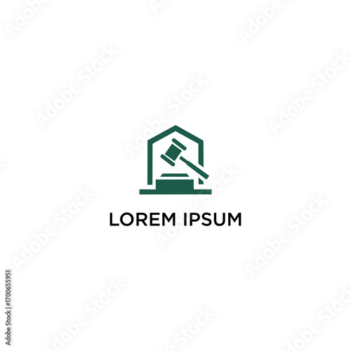 A simple, dark green logo design featuring a gavel and a house-shaped structure, symbolizing legal matters and property.